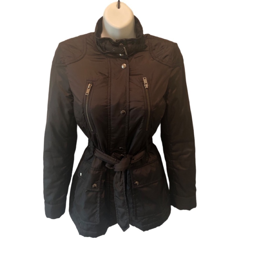 Banana Republic Black Trench Coat Belted Black With Pockets Size XS Cozy Warm
